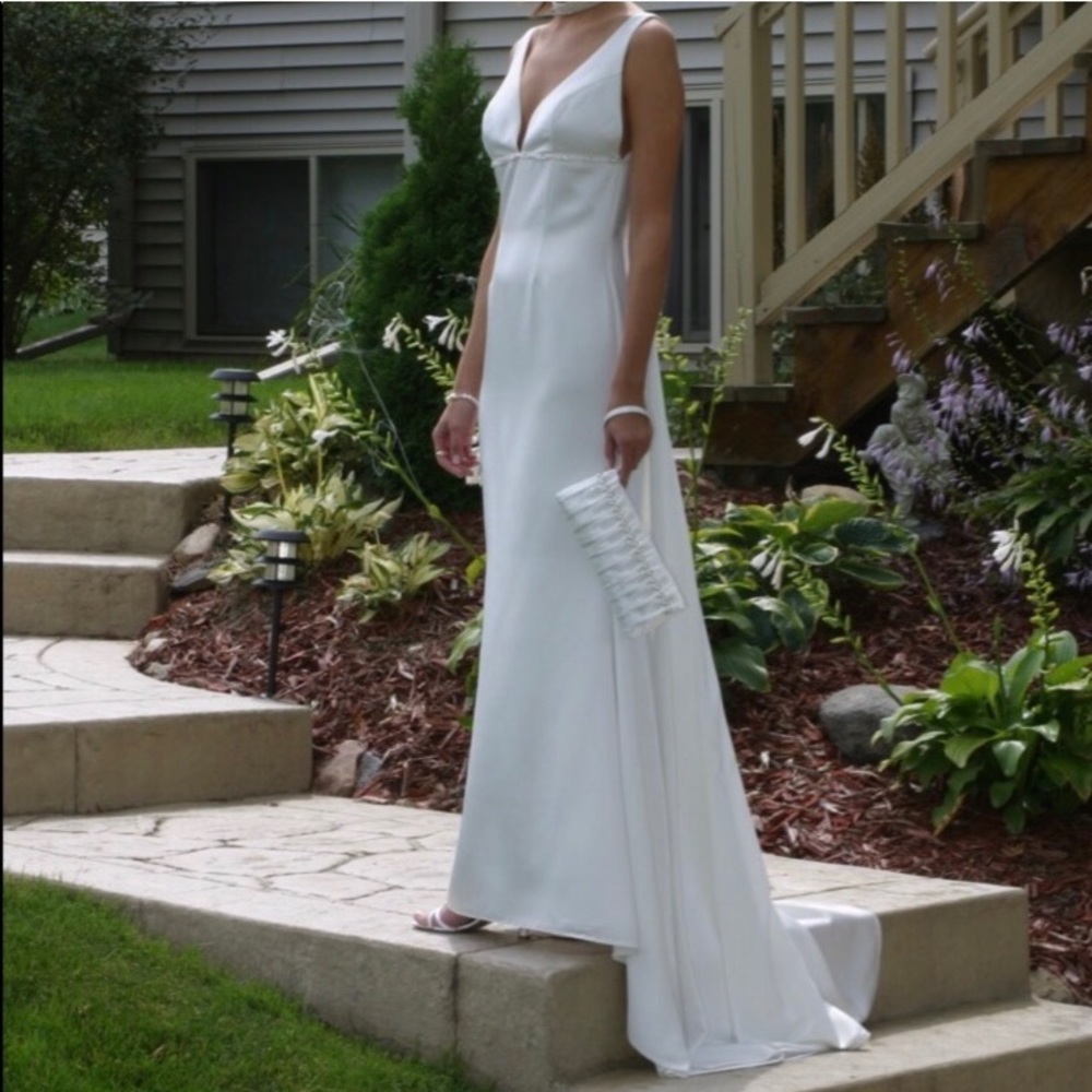 Paloma Blanca Duchess Satin A-Line Dress Sample With Lace Trim main image 0